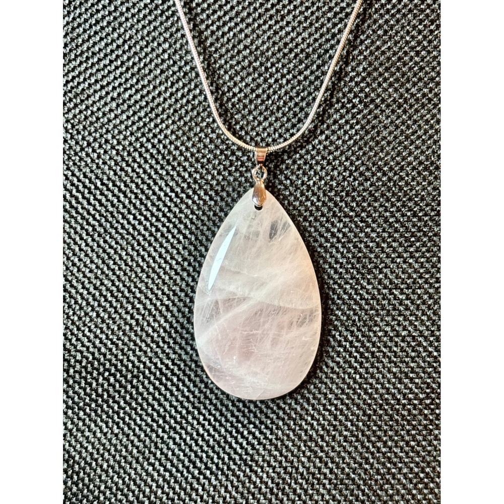 Rose Quartz Teardrop Pendant Necklace Stainless Steel Snake Chain Pink Stone